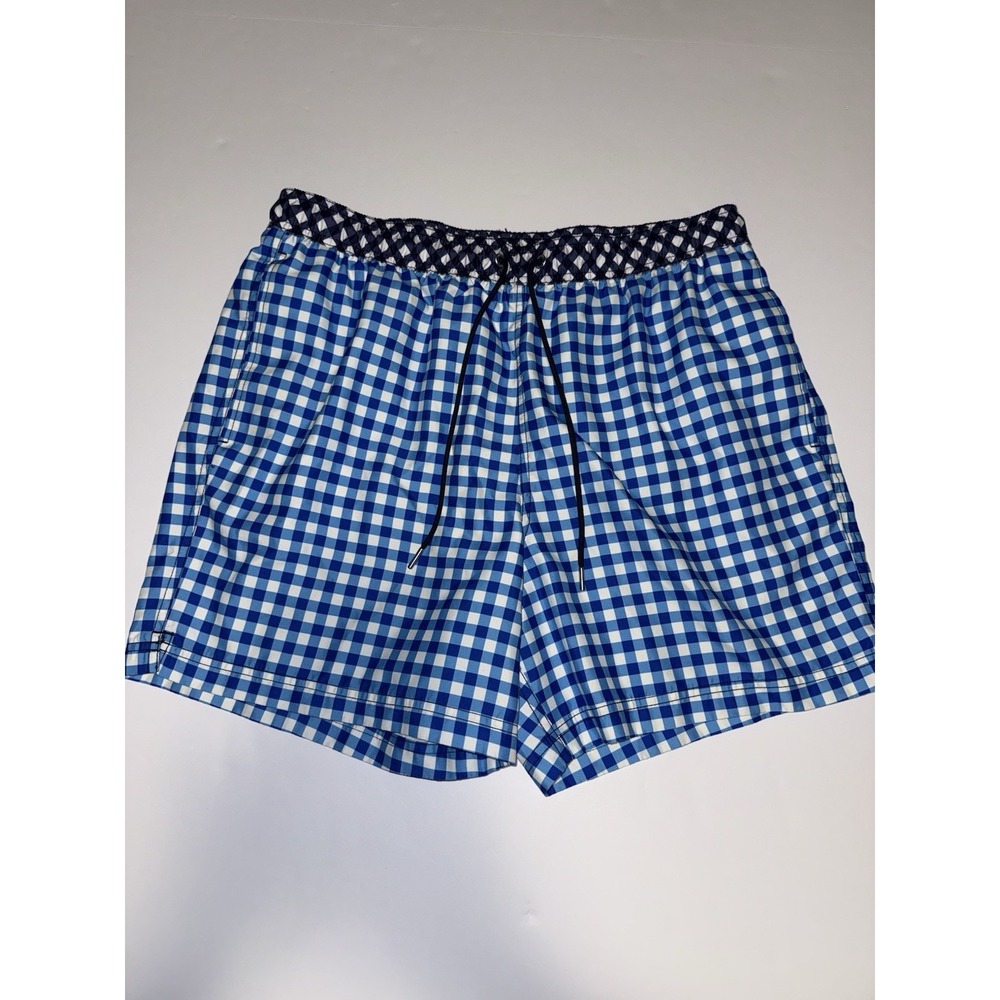 Draper James Lands' End Men Large Swim Trunks Blue Gingham Checkered Shorts Pool